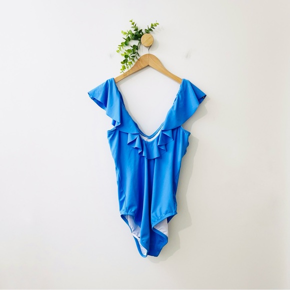 Bal Harbour Blue V-Neck Ruffle One Piece Swim - Picture 10 of 12